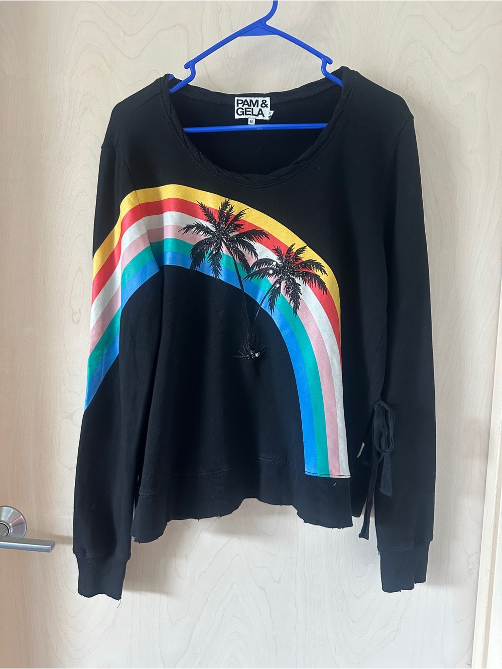 Pam & Gela Rainbow Palm Tree Slit Sweatshirt Medium Black Distressed Cotton
